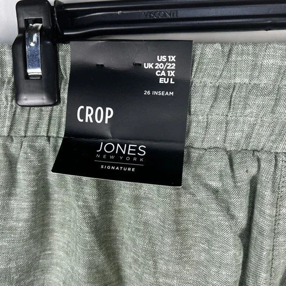 Jones New York Women 1X Crop Ankle Pants Linen Blend green White Cuffed elastic - Picture 8 of 9